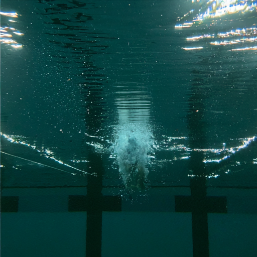Wide underwater view of a swimmer crossing the lane, seen from the pool floor
