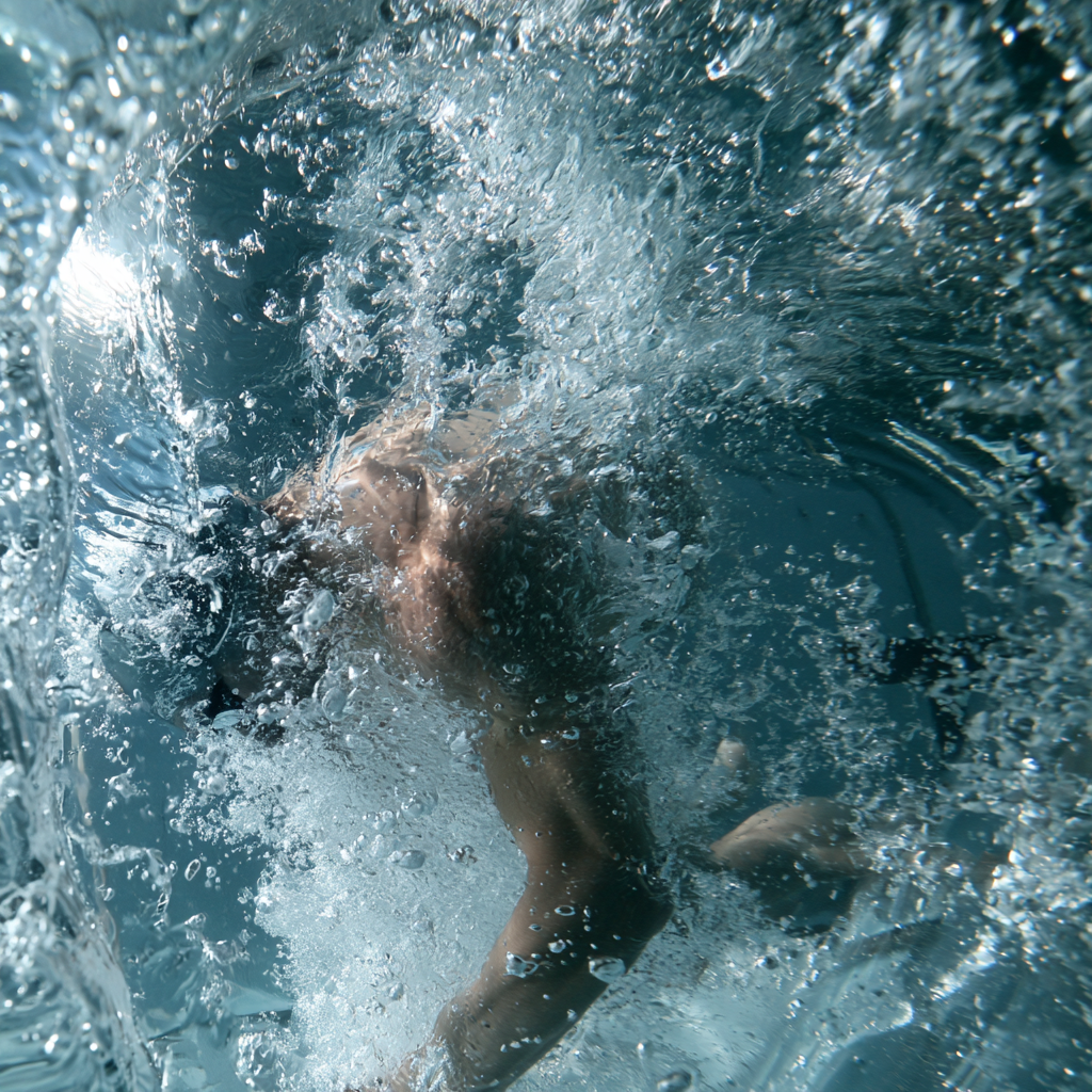 Adult swimmer engulfed in cavitation and bubbles beneath the surface