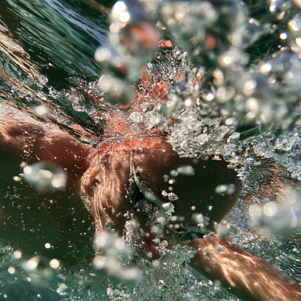 Swimmer obscured by churned water and turbulence beneath the surface