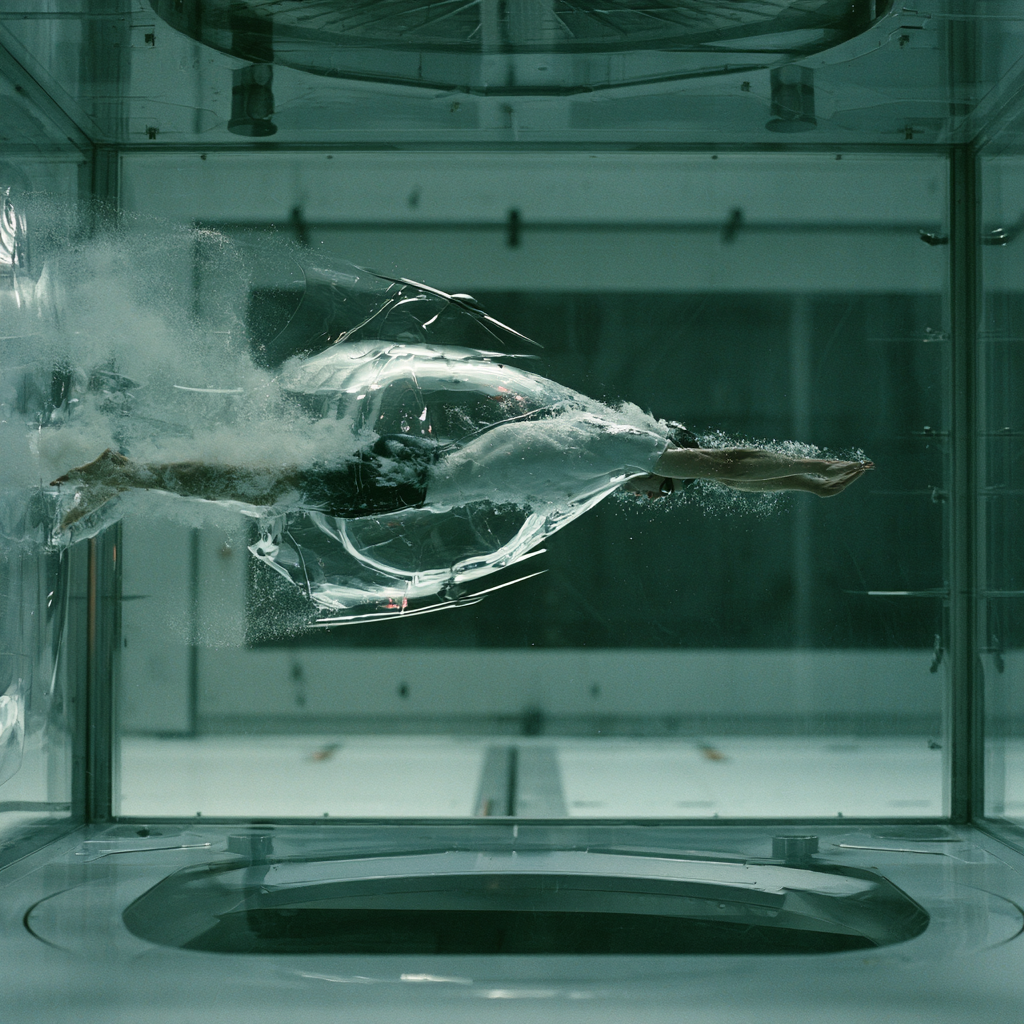 Swimmer held stationary against oncoming flow inside a glass-walled swim flume