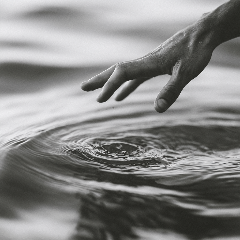 Fingertips about to touch a still water surface, concentric rings forming below