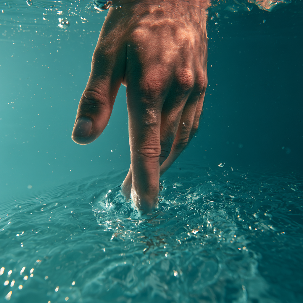 Underwater view of a hand entering the water, fingertips breaking the surface